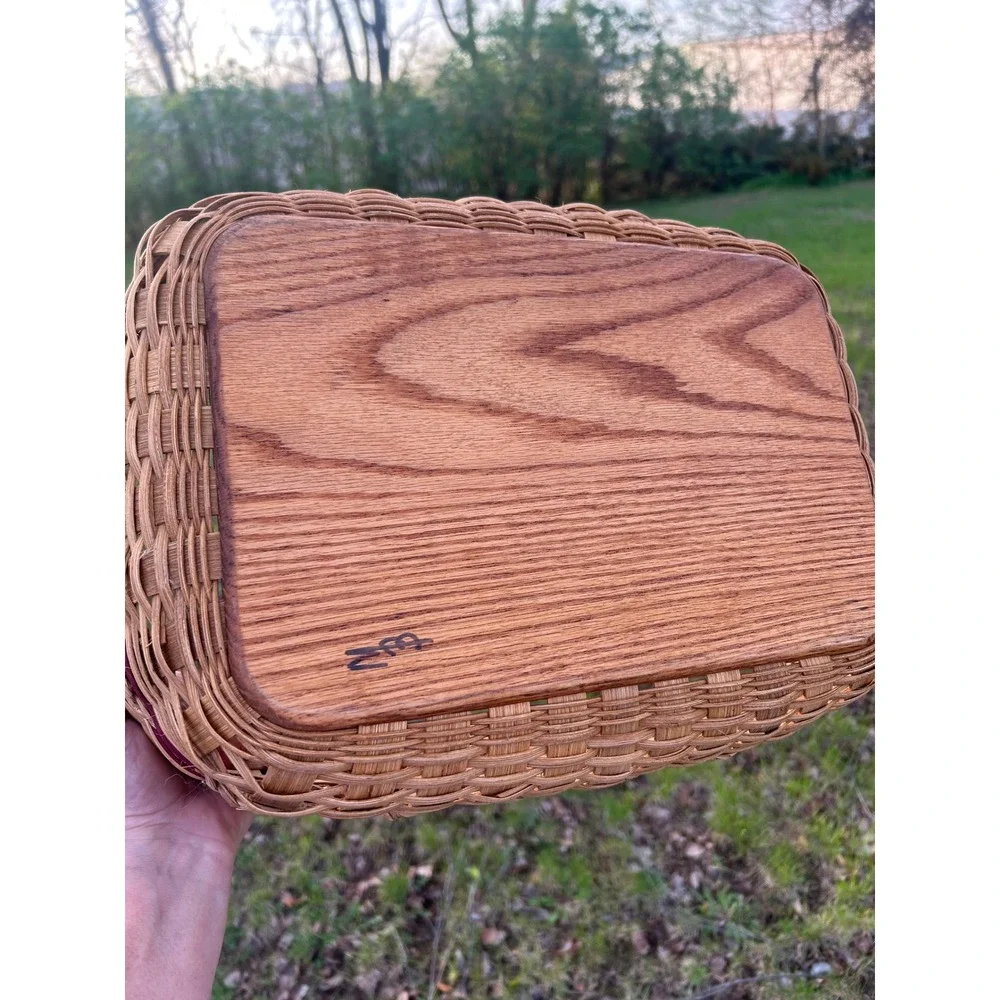 Handmade Woven Splint Basket Wood Base Hand Painted Apple Border Farmhouse Decor